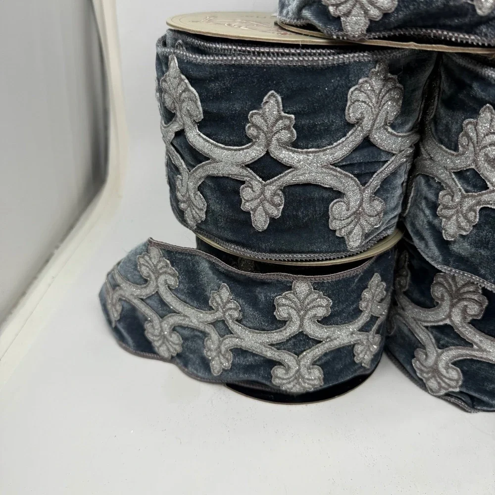 d. stevens French Blue Velvet Ribbon 4in x 5yd Silver Glitter Damask 4002025 Lot